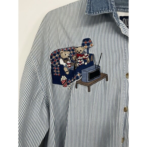Vintage Quizz New York Shirt Womens 20 Blue White Stripe Embroidered Bears Denim - Picture 2 of 8